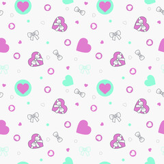seamless drawing of childrens theme in pink tones on a light background, bows with hearts, vector illustration