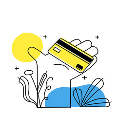 Bank card in palm of hand. Credit and financial offer. Modern trendy outline cartoon isolated on abstract nature background