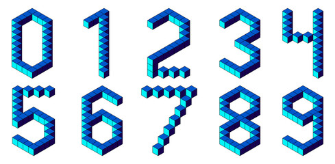 Blue number from 0 to 9 from cubes isolated on white background. Pixel, 8 bit, isometric style. Vector illustration