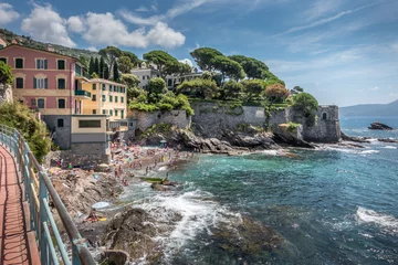  View of the beautiful promenade of Nervi in Genoa, with rocks and sand beach, Italy. © maramade