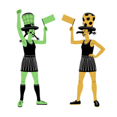 screaming girl in a leprechaun hat and with a festive flag, St. Patrick's Day celebration, irish football fan, color vector illustration isolated on a white background