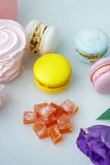 homemade sweets from natural products macaroon marshmallow and marmalade lie on the table