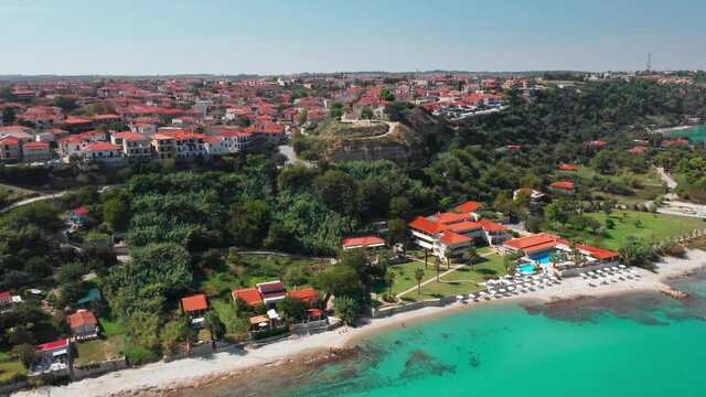 Aerial top view of Afytos, village in Chalkidiki, northern Greece. Kassandra