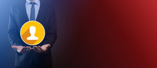 Businessman holding on hand icon of user man,woman low poly polygon style. Internet icons interface...