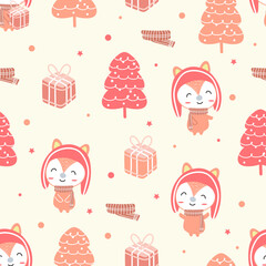 seamless pattern cite fox with christmas gifts