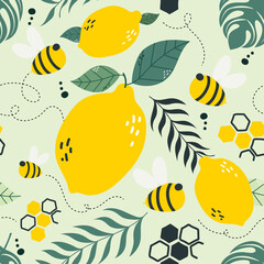 bee and lemon seamless pattern	