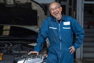 Fototapeta na wymiar Mechanic changing engine, service car workshop automobile. professional man shop maintenance