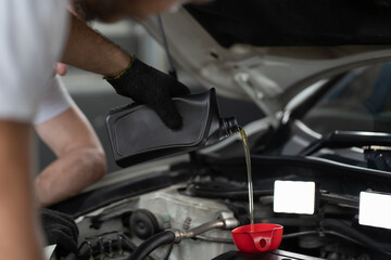 Plakat Mechanic changing engine, service car workshop automobile. professional man shop maintenance