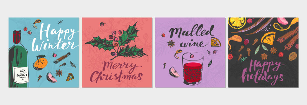 Hand drawn winter holiday cards with  mulled wine recipe and ingredients illustration