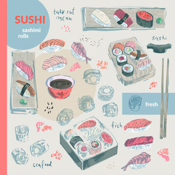 Hand drawn ink sketch of sushi, sashimi, rolls on board, in box, soy sauce, chopstcks  colorful set. Asian food illustration for menu design, food background, japonese cuisine design.
