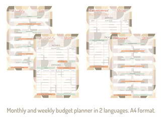 Personal monthly and weekly budget planner in a4 format in 2 languages. Finance, income and expenses.