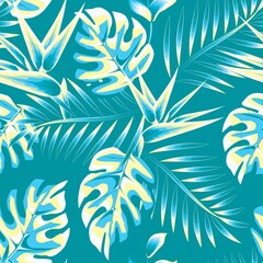 Fototapeta na wymiar yellow blue vintage color in monochromatic style tropical bird of paradise flowers seamless pattern with monstera plants and fern leaves on pastel background. Floral background. Exotic tropics. Summer