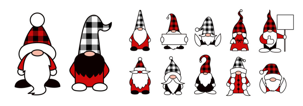 Christmas gnomes isolated illustrations. Buffalo check plaid. Red black and white colors. Set of vector cartoon garden gnome characters