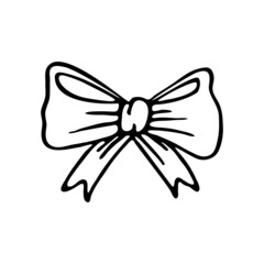 Textile bow made of satin ribbon. Element for decorating a festive party. Hand drawn line vector illustration in doodle style.
