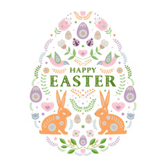 Fototapeta premium Happy Easter. Folk Easter egg with floral motifs, bunnies and birds.