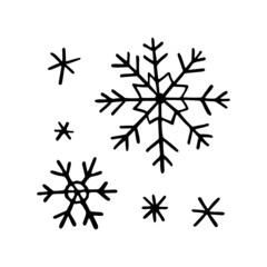 Set of winter snowflakes. Snow symbol in doodle style. Hand drawn line art vector illustration for a merry party. Happy holiday. Isolated element.