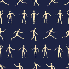 Seamless background of silhouettes wooden human mannequins in rows