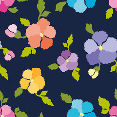 Seamless pattern of decorative colorful pansies heads with leaves