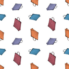 Seamless pattern of drawn colorful shopping bags