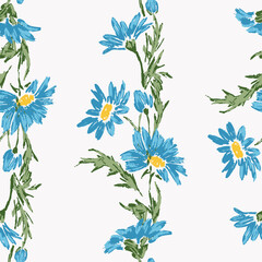 Seamless pattern of textured brush drawings blue garden daisies