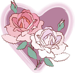 Vector decorative design element of heart shape with two white and pink delicate roses