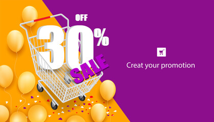 30% off and sale text on shopping cart and all objects on orange and purple background and there are yellow balloons all around for advertising promotion sale concept design,vector 3d 
