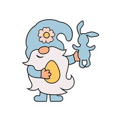 Adorable gnome with bunny and egg is on white background. Vector illustration.