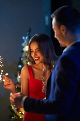 Cheerful man and woman holding glasses of champagne and sparklers during celebration of new year. Adorable couple in elegant clothes enjoying winter holidays at home.