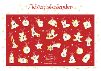 Advent Kalender mit 24 Weihnachtliche Motiv Karten,
Tradition in der Adventszeit,
Vektor Illustration auf weißem Hintergrund
