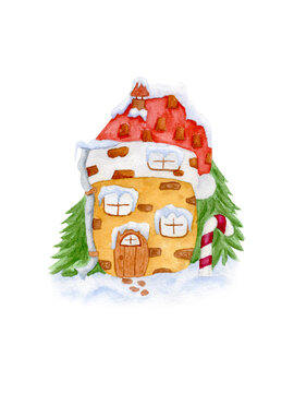 Watercolor fairy house in the forest with fir trees. Santas snow covered house. Lollipop stick. Small house with roof tiles and a chimney and a drain pipe. Christmas illustrations.