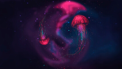 Abstract fantasy neon jellyfish on a black background. Marine jellyfish, colorful neon. 3D illustration.  © MiaStendal