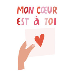 Happy Valentine vector illustration with French lettering. Vector design for web, print, stickers, template, etc. 