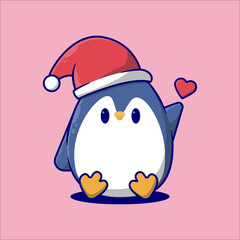 Cute cartoon penguin wearing santa hat