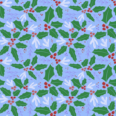 Vector seamless Christmas pattern. Hand drawing holly berries, green leaves, violet branches, frozen leaves and berries on blue background  for wrapping paper, wallpaper, post cards, textile, fabric.