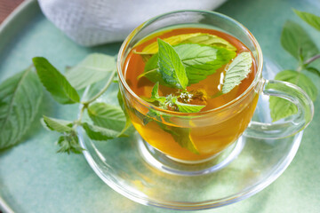 Green tea with mint in a transparent bowl. Healthy food, antioxidants.