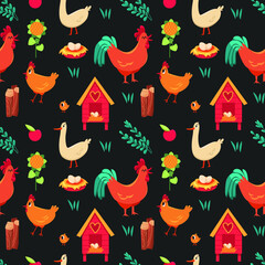 Vector seamless pattern with cute hens, roosters, chickens, geese and plants on a black background. Farm birds. For wrapping paper, textile, decorations, packaging paper.