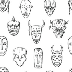 Seamless pattern of masks. Vector background. Hand-drawn style.