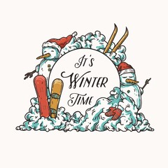 Winter snowmans and snowdrift for design background. Snow ice design with iceman, snowboard and skis for merry christmas holiday. Winter hat and mittens for new year