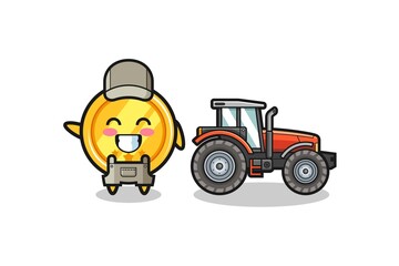 the medal farmer mascot standing beside a tractor
