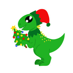 Adorable green dinosaur dressed as elf and with christmas tree in his paws. Image isolated on white background. Design element for design of thematic and festive postcards clothing posters accessories