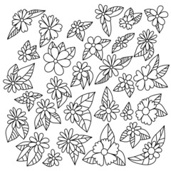 Set of different outline doodle flowers with striped leaves for design or coloring book