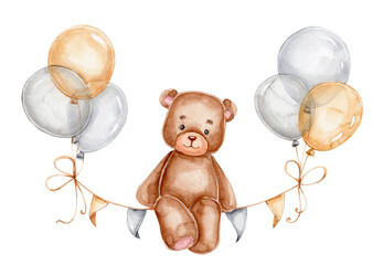 Teddy bear sitting on garland and balloons; watercolor hand drawn illustration; with white isolated background - obrazy, fototapety, plakaty