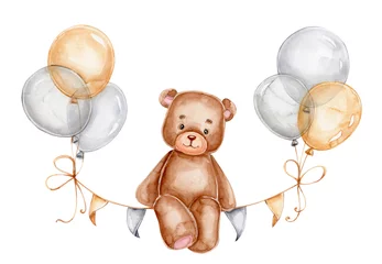 Fotobehang Teddy bear sitting on garland and balloons  watercolor hand drawn illustration  with white isolated background © Нина Новикова