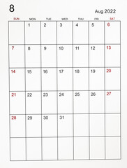 August 2022 calendar template.