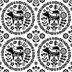 Scandinavian cute folk art vector seamless pattern with flowers and fox, black floral textile ornament inspired by traditional embroidery from Sweden, Norway and Denmark
