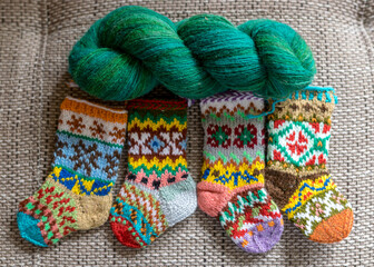 beautiful, variegated small children's socks, handmade, wool yarn, knitted texture