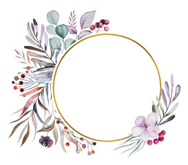 Winter floral Watercolor round frame with pastel leaves, berries and flowers