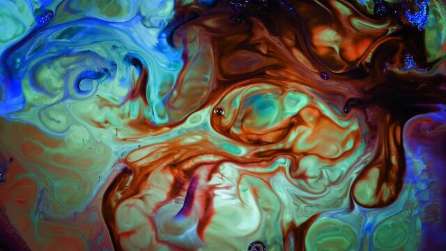 Abstract Grunge Art Ink Paint Spread Blast Explode Background. Colorful Psychedelic Morphing Food Ink Transition and Swirling in Liquid Motion. Soft Vibrant Chemical Reaction. 
