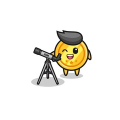 medal astronomer mascot with a modern telescope
