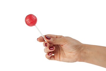 the girl holds the candy chupa chups isolated on a white background. Sweets, pleasure, lollipop